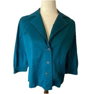 Joan Rivers Button Up Jacket Aqua Green Sz M Classic Collared Preppy 3/4 Sleeve